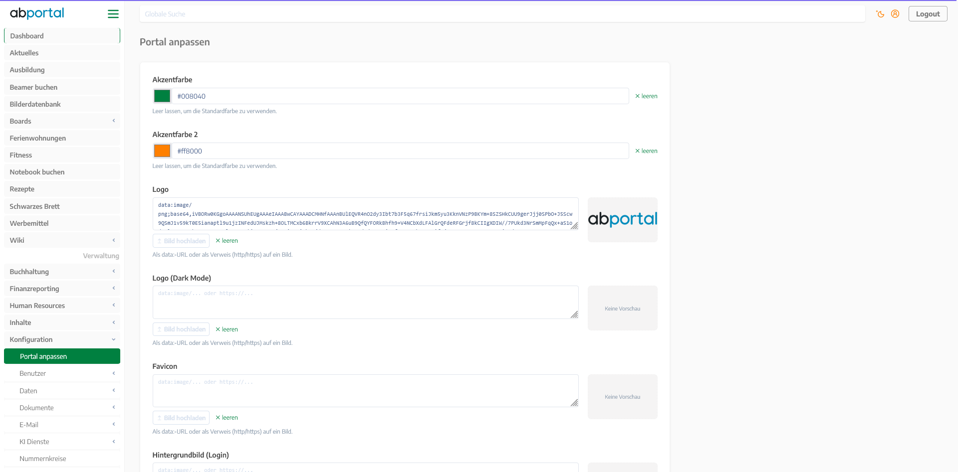 Screenshot der Portal-Anpassung mit eigenen Akzentfarben, Logo, separatem Dark-Mode-Logo und Favicon