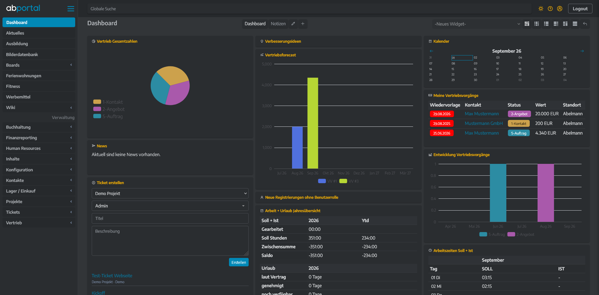 Screenshot des ABPortal-Dashboards im Dark Mode – dieselbe Ansicht wie im Hero-Bereich, hier dunkel dargestellt