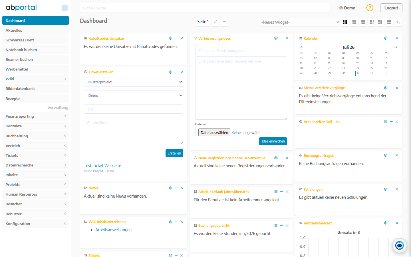 Screenshot des ABPortal-Dashboards mit frei konfigurierbaren Widgets für Tickets, Verbesserungsideen, Kalender und Vertriebsforecast
