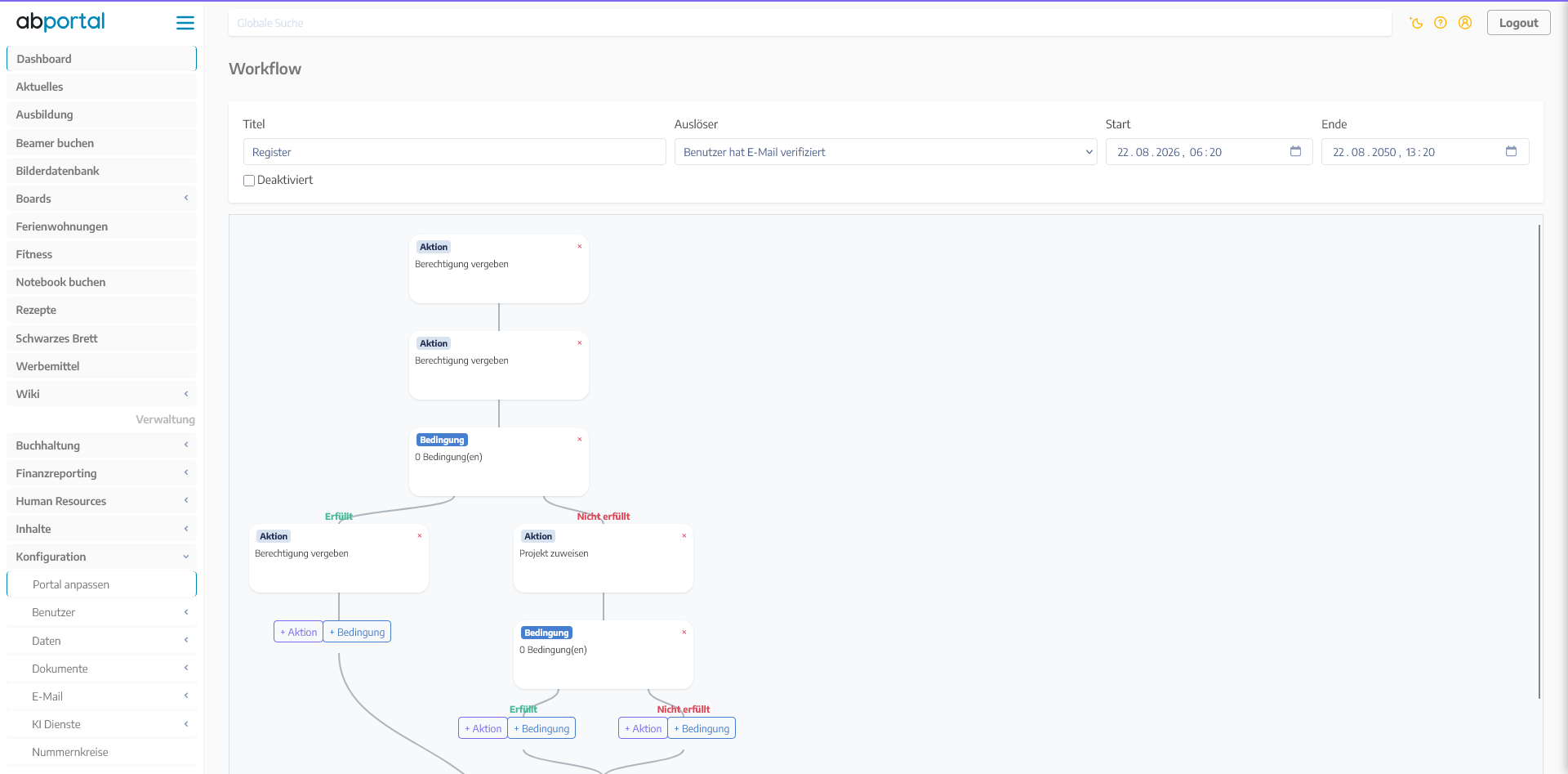 Screenshot des visuellen Workflow-Editors mit verzweigten Bedingungen und Aktionen wie Berechtigung vergeben oder Projekt zuweisen